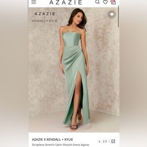 Kylie + Kendall Azazie Strapless Satin Sheath Dress in Agave